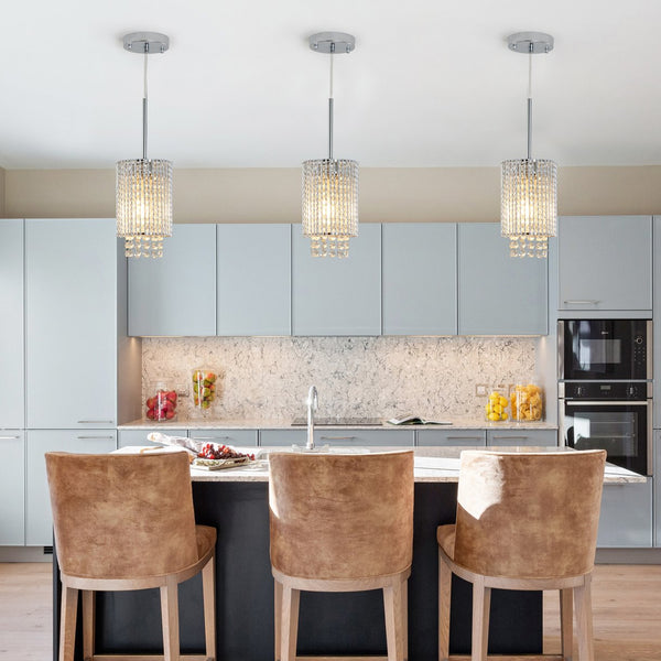 English Elm 5" Modern Crystal Pendant Light 3-Pack Adjustable Chrome Ceiling Fixture with Clear Beads, Slim Elegant Design for Kitchen Island, Dining Room, Living Room W2312P374972