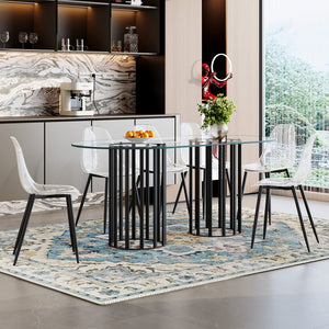 English Elm Table Oval Tempered Glass Dining Set Seats Six with Transparent Acrylic Chairs Luxe Style W1151S04761