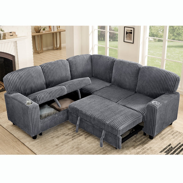 English Elm L-Shaped Sofa with Pull-Out Bed and Storage, 5-Seat Sectional with USB, Cup Holders, Cozy Chenille Grey W1998S00074