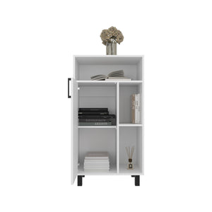 English Elm Bryce Compact Base Cabinet with Door, Open Shelves & Top Display in Kronos White — Durable MDF Storage B200P335361
