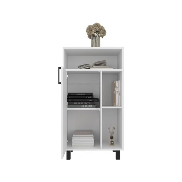 English Elm Bryce Compact Base Cabinet with Door, Open Shelves & Top Display in Kronos White — Durable MDF Storage B200P335361