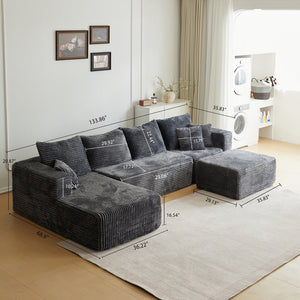 English Elm 133.86" Cloud Modular U-shaped Sectional Ribbed Corded Fabric Deep Seat Living Room Sofa Gray W668S00011