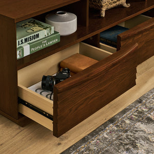English Elm 63" Mid-Century Modern TV Stand for TVs up to 75" - Walnut Louver Media Console with Solid Wood Drawers, Outlet Holes, Spacious Storage and Durable P2 MDF Finish W1801P288509