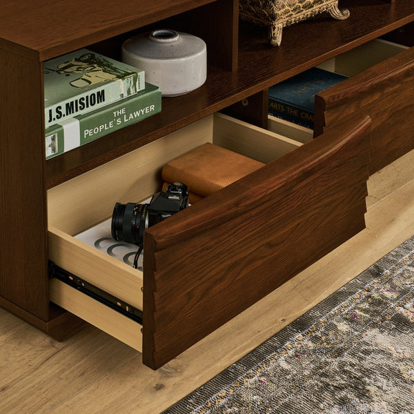 English Elm 63" Mid-Century Modern TV Stand for TVs up to 75" - Walnut Louver Media Console with Solid Wood Drawers, Outlet Holes, Spacious Storage and Durable P2 MDF Finish W1801P288509