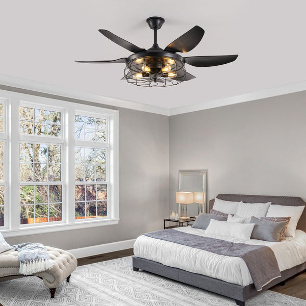 English Elm 52" Modern Black Ceiling Fan With Industrial Cage Design, 6-Speed Remote Control For Stylish Airflow W2312P374993