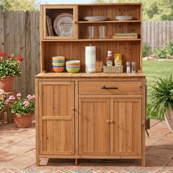 English Elm (with Hutch) Topamx Solid Fir Potting Bench Patio Workstation Spice Rack Drawer Natural N717P404330A