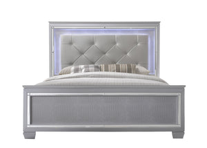 English Elm 1pc Modern Queen LED Faux Leather Upholstery Panel Bed with Tufted Headboard, Textured Footboard Glam Finish Beige,Silver 82.6 L x 2.76 W x 30.35 H B2741S00204
