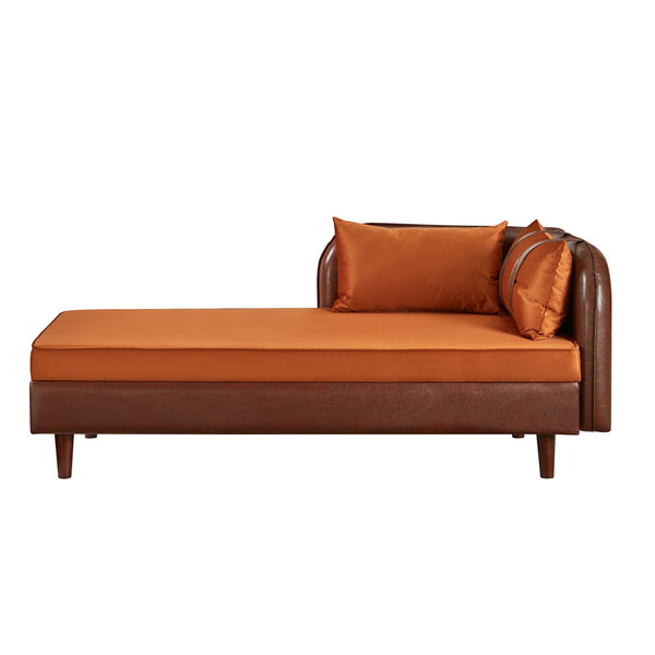 English Elm 65" Velvet Storage Chaise Lounge with Pu Leather Panels Eucalyptus Frame Accent Seat Orange+Dark Brown W1097P434116