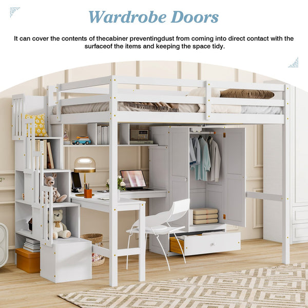 English Elm Twin Over Full Bunk Bed Solid Pine Frame with Built-in Slide and Storage Staircase White W504S00264