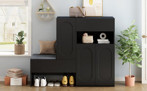 English Elm On-Trend Modern 2-In-1 Shoe Cabinet With Cushion, Adjustable Shelves & Elegant Arched Doors For Entryway N721P245716B-GIGA