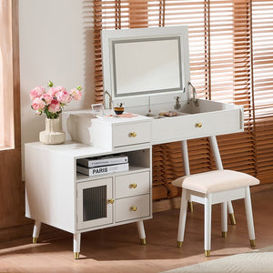 English Elm 3-in-1 Vanity Desk with LED Flip Mirror, Compact Makeup/Dressing Table with Storage Drawers & Stool White N844P291656A