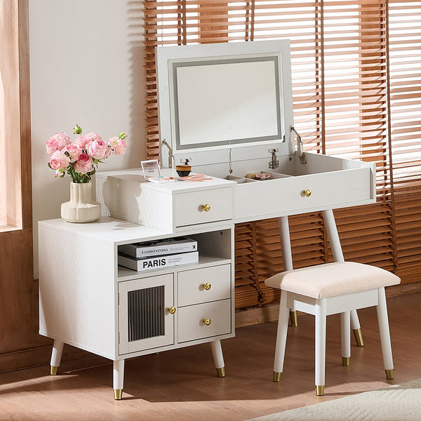 English Elm 3-in-1 Vanity Desk with LED Flip Mirror, Compact Makeup/Dressing Table with Storage Drawers & Stool White N844P291656A