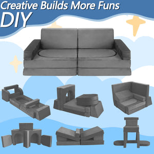 English Elm 12 Piece Modular Foam Play Couch Set Velvet Convertible Sofa Fort for Kids Playroom Dark Gray T5880P493412