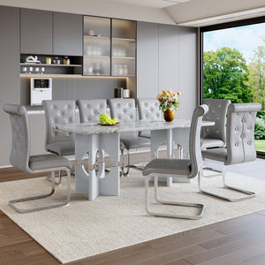 English Elm Modern 9 Piece Glam Dining Set Faux Marble Table Tufted Pvc Chairs Seats Eight Grey W3875S00063