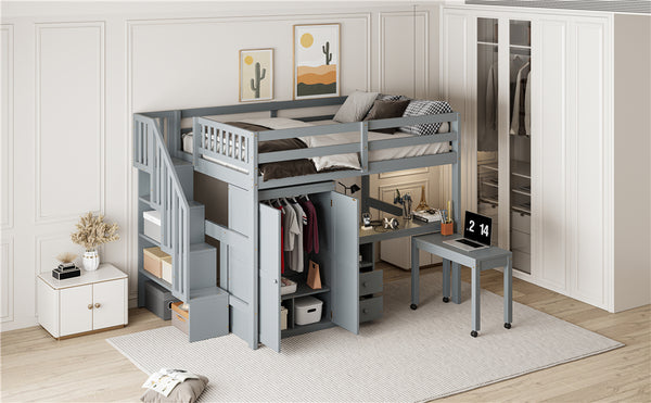 English Elm Queen Murphy Bed with Integrated Desk Cabinet Shelves Space Saving Studio Solution Gray N708S00014E