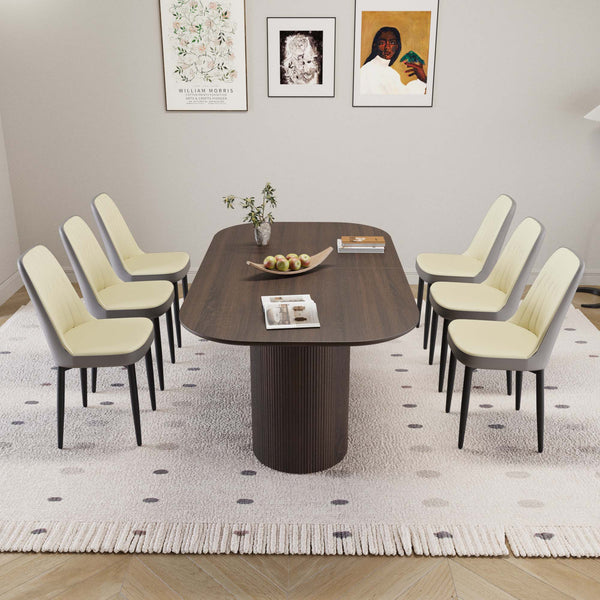 English Elm 63 Inch Mdf Dining Table Set with Six Pu Upholstered Chairs and Black Metal Legs Beige+Brown,Grey W2189S00864