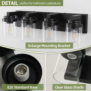 English Elm 4 Matte Black Vanity Light 4-Light Farmhouse Bathroom Fixture with Clear Glass Shades, Water-Resistant LED W2312P389978