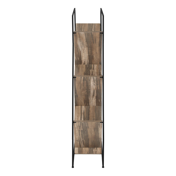 English Elm Bookshelf, 5-Tier Slanted Etagere with V-Shaped Open Shelves, Slim Black Metal Frame, 60" H Brown 39 L x 13 W x 7 H B2710P218982