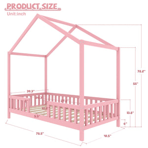 English Elm Montessori House Bed Frame Twin with Canopy & Full Guardrails, Cozy Kids Platform Bed for Toddlers Pink 81.5 L x 16 W x 6.6 H N733P356043H