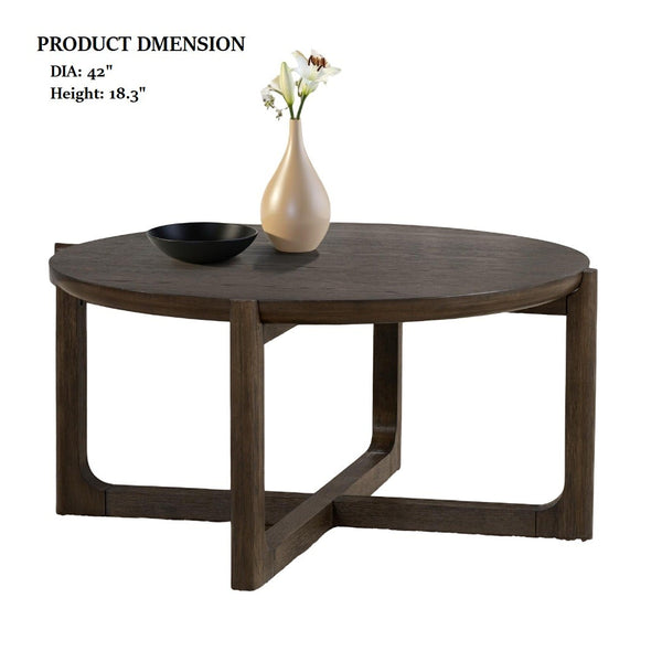 English Elm Transitional 42" Round Cocktail Table - Dark Walnut Wood Top With Sturdy Trestle Base For Living Rooms B2741P404267-GIGA
