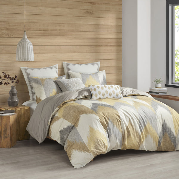 English Elm Full/Queen Alpine Duvet Cover Mini Set — 200TC Cotton Ikat Chevron, OEKO‑TEX, Antimicrobial, Button Closure B03596520