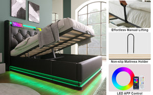English Elm Twin Upholstered Bed with Hydraulic Storage, Surround LED, App/Remote Control & USB Type-C Charging Black N736P188805B
