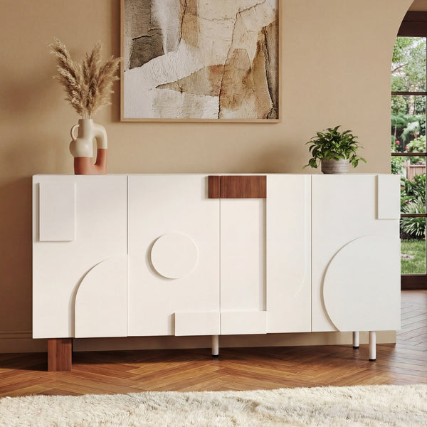 English Elm Modern White Walnut Sideboard with Geometric Doors Adjustable Shelves Dining Storage N779P373192W_N779P373193W