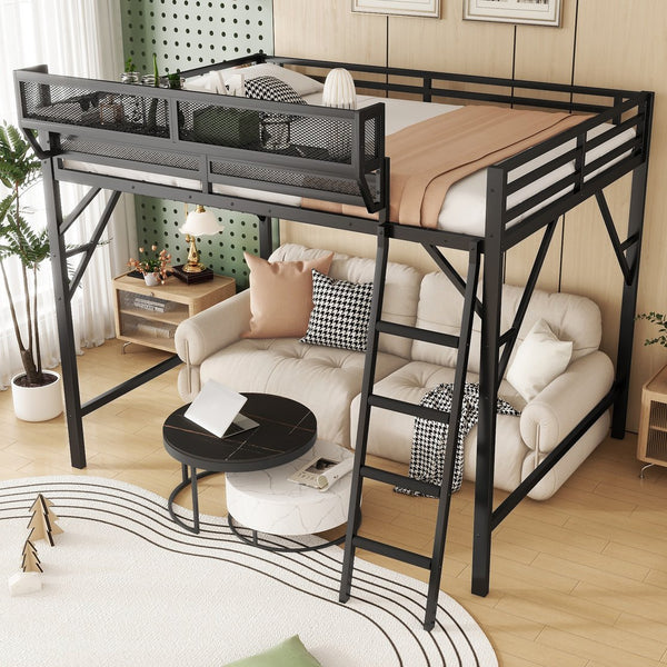 English Elm Full Size Loft Bed with Ladder and Built-In Shelves, Sturdy Metal High Loft for Kids Teens 54" Black W2580P379998