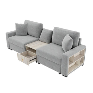 English Elm Modern Chenille Modular Sofa with Built-in Console Storage Armrest for Living Room Grey N763S000063E