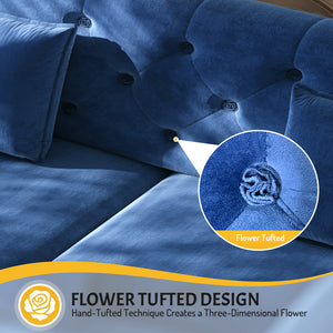 English Elm 74.4" Queen Velvet Sleeper Sofa Artisan Floral Tufted Cushions Converts for Guest Rooms Blue W1885S00306