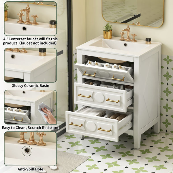 English Elm 24'' Bathroom Vanity with Ceramic Sink and 3 Drawers Retro Solid Wood Frame Freestanding Storage White N710P371184K