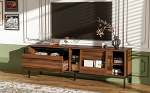 English Elm U-can Mid Century Walnut Media Console with Sliding Doors and Metal Frame for Living Rooms Brown N724P360370D