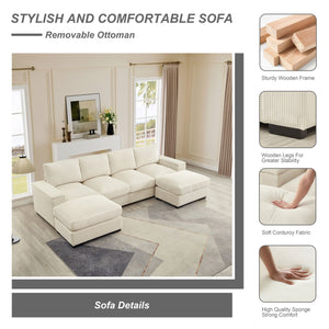 English Elm 122"l Corduroy Sectional with Dual Ottomans Modular U-shape Sofa for Modern Living Beige W1669S00020