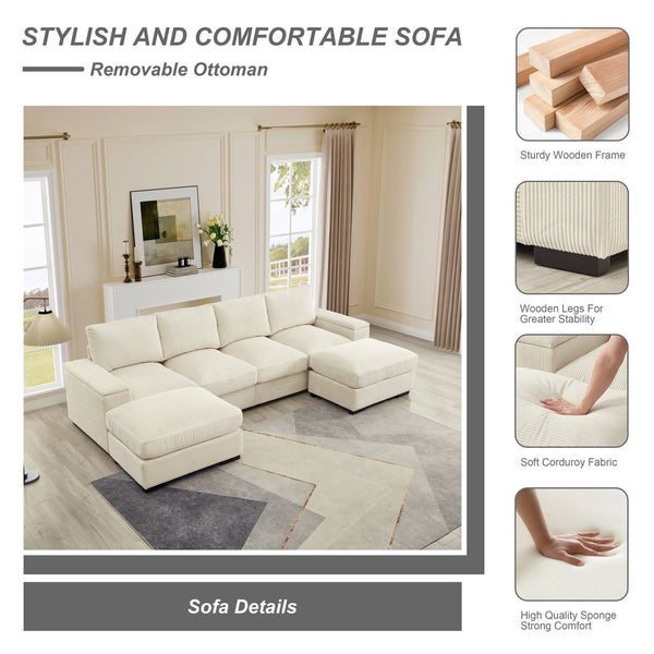English Elm 122"l Corduroy Sectional with Dual Ottomans Modular U-shape Sofa for Modern Living Beige W1669S00020