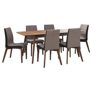 English Elm Lana Mid-Century 7-Piece Dining Set in Natural Walnut with Butterfly Leaf and Grey Upholstery, Splayed Legs B062S01020