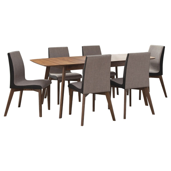 English Elm Lana Mid-Century 7-Piece Dining Set in Natural Walnut with Butterfly Leaf and Grey Upholstery, Splayed Legs B062S01020