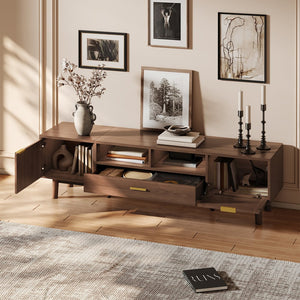 English Elm Wood TV Stand for 75" TVs with Rattan Drawers, Soft-Close Doors, Drop-Down Storage, Waterproof Finish N710P257619P