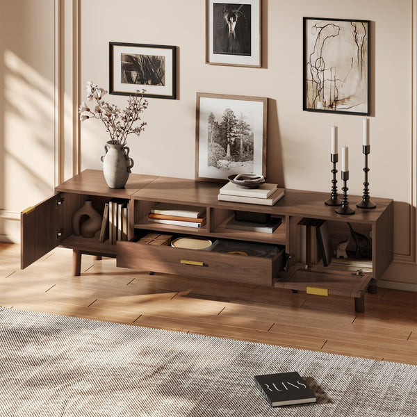 English Elm Wood TV Stand for 75" TVs with Rattan Drawers, Soft-Close Doors, Drop-Down Storage, Waterproof Finish N710P257619P