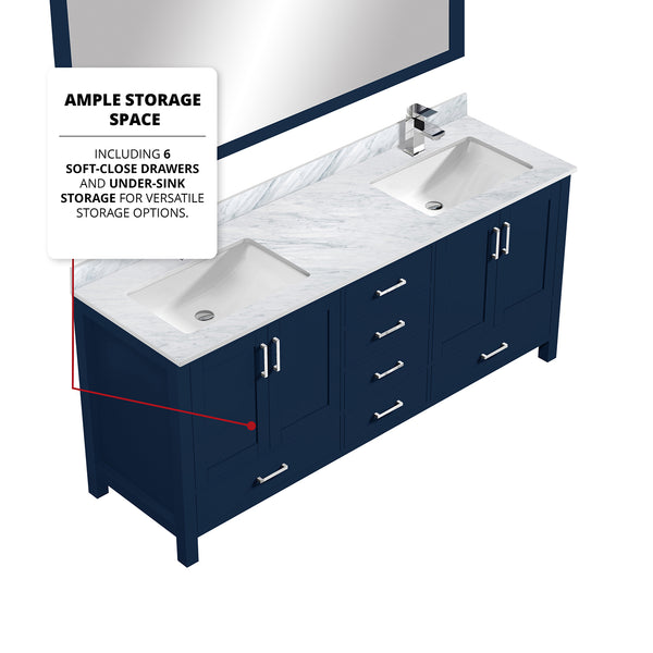 English Elm Navy Double Bath Vanity 72" W x 22" D with Carrara Marble Top, Chrome Faucet, Scratch-Resist Mirror B2731S01004
