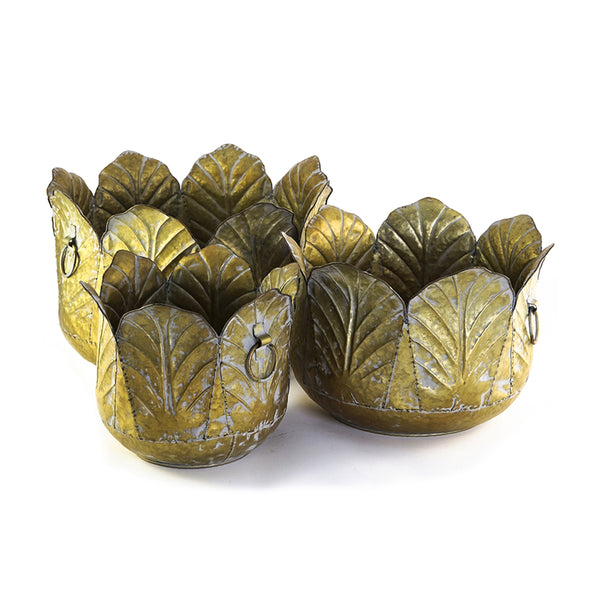 English Elm Set of 3 Zinc Metal Planters with Distressed Golden Finish for Indoor Outdoor Display W2078P499530