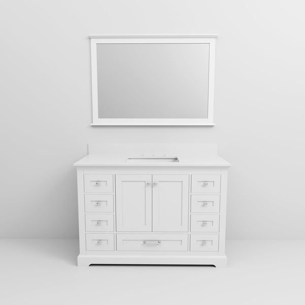 English Elm White Single Bath Vanity 48 in. W x 22 in. D with White Quartz Top, 46 in. Mirror, Soft-Close Drawers B2731S00649