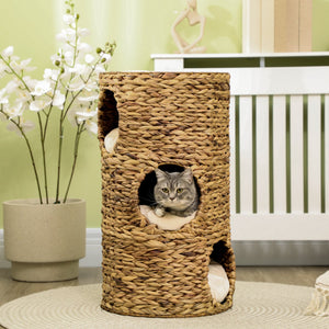 English Elm Pawhut Hand-woven Water Hyacinth Cat Tower Four-story Hideaway Caves Plush Beds W2225P217052