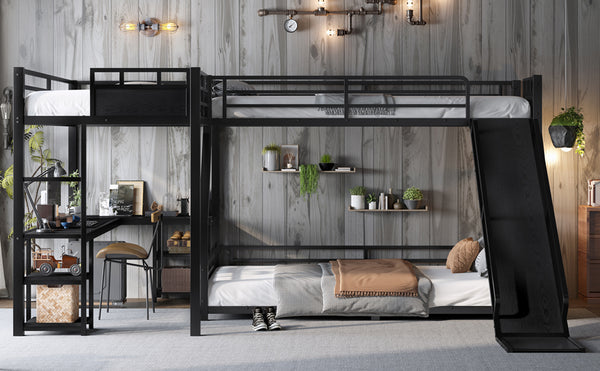 English Elm L-shaped Metal Triple Bunk Bed with Slide Desk Shelves and Usb Charging Black W1580S00569