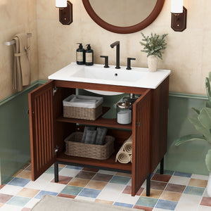 English Elm Christopher Knight Home® - 30" Vintage Bathroom Vanity with Rectangle Ceramic Sink, Rubber Wood Legs, Soft-Close Doors, Adjustable Shelves Antique brown,Dark Brown N817P245324B
