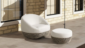 English Elm Willow Round Outdoor Ottoman Woven Olefin Upholstery Uv Resistant Patio Footrest B2719P245995