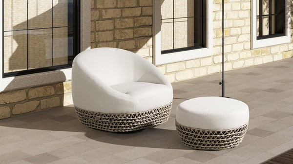 English Elm Willow Round Outdoor Ottoman Woven Olefin Upholstery Uv Resistant Patio Footrest B2719P245995
