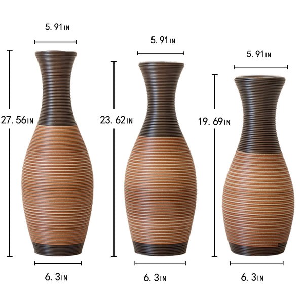 English Elm Set of 3 designer floor vases in Grey+Brown PVC, modern rattan-look tall decor for hallways & living rooms W2796P261496