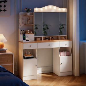 English Elm Vanity Desk With Adjustable Led Lights, Foldable Mirror, Ample Storage & Usb Power Strip - White Elegance W3767S00002-GIGA