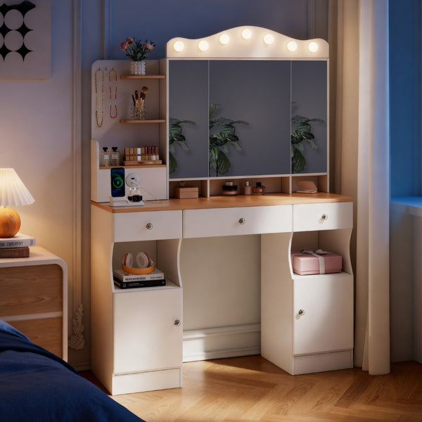 English Elm Vanity Desk With Adjustable Led Lights, Foldable Mirror, Ample Storage & Usb Power Strip - White Elegance W3767S00002-GIGA