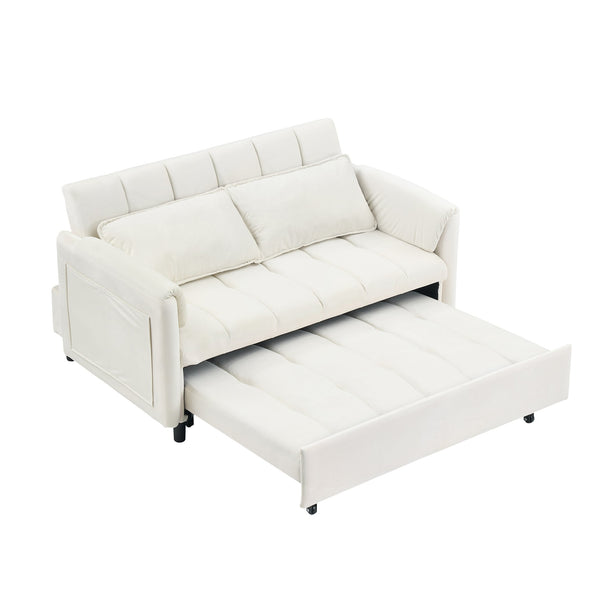 English Elm 52 Beige Modern Velvet Sofa Pullout Bed, 3-in-1 Convertible 52" Loveseat for Small Spaces, Pillows & Storage Pockets W1658P266333